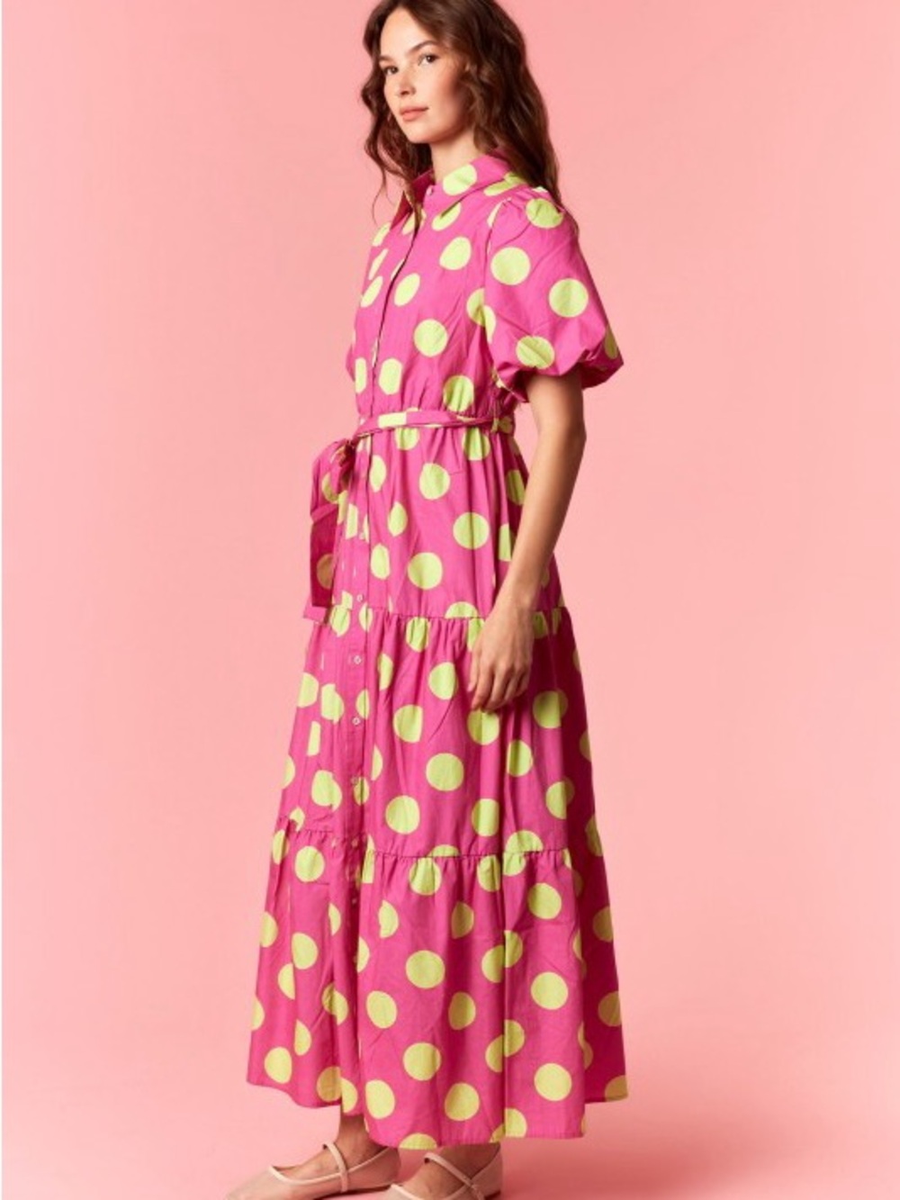 NWT PINK POLKA DOT COTTON POPLIN PRINTED PUFF SLEEVE MAXI DRESS POCKETS - Picture 5 of 9